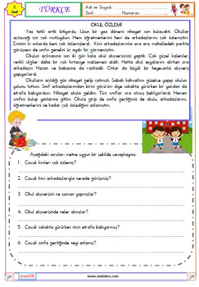 2. Sınıf Türkçe Okuma ve Anlama Etkinliği ( Okul Özlemi )